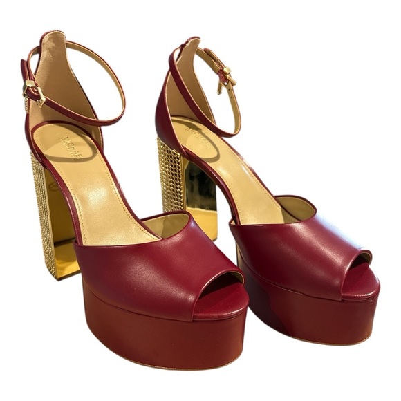 Michael Kors Maxine Platform Sandals Deep Red Leather Gold Block Heel Size 9M - Picture 1 of 12